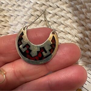 Handcrafted Silver-Tone Hoop Earrings with Red Inlay